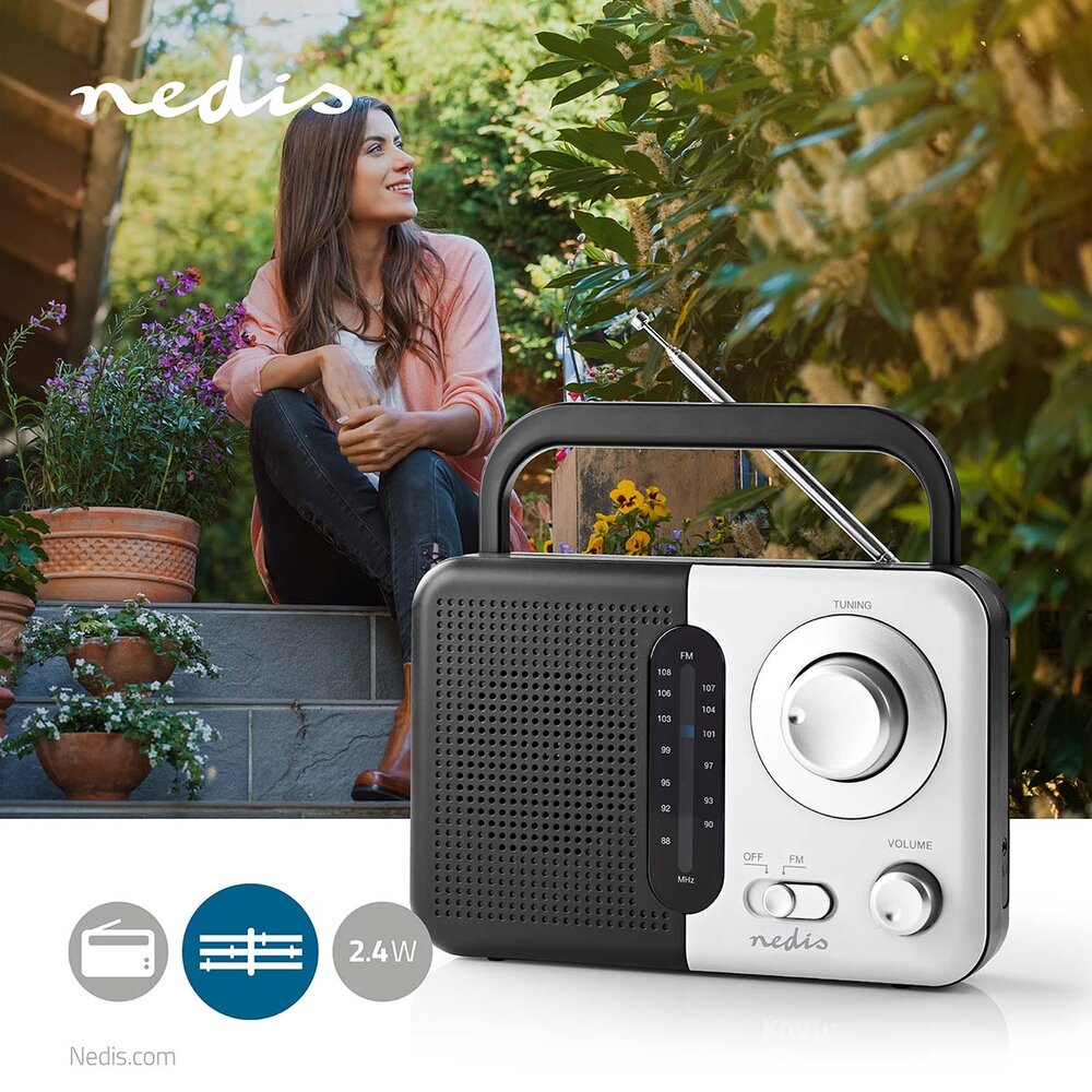 Nedis FM-Radio | Draagbaar Model | FM | Batterij Gevoed / Netvoeding | Analoog | 2.4 W | Zwart-Wit Scherm | Koptelefoonoutput